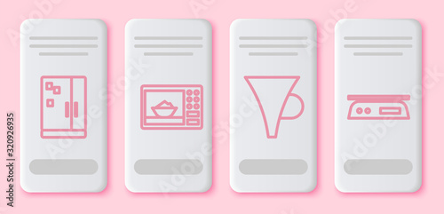 Set line Refrigerator, Microwave oven, Funnel or filter and Electronic scales. White rectangle button. Vector