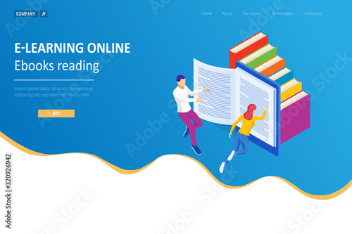 Isometric concept for Digital Reading, E-classroom Textbook, Modern Education, E-learning, Online Training and Course, Audio Tutorial, Distance Education, Ebook and Students