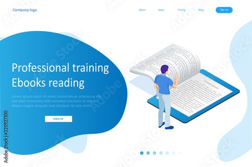 Isometric concept for Digital Reading, E-classroom Textbook, Modern Education, E-learning, Online Training and Course, Audio Tutorial, Distance Education, Ebook and Students