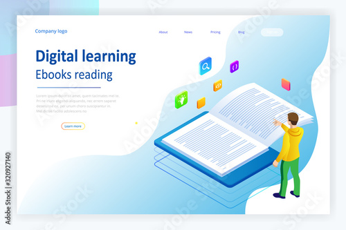 Isometric concept for Digital Reading, E-classroom Textbook, Modern Education, E-learning, Online Training and Course, Audio Tutorial, Distance Education, Ebook and Students