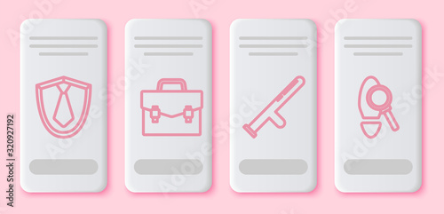 Set line Tie, Briefcase, Police rubber baton and Magnifying glass with footsteps. White rectangle button. Vector