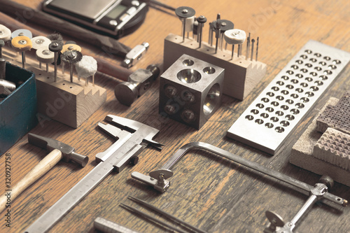 Tools set of jewellery. Jewelry workplace on metal background with copy space for text. Top view.