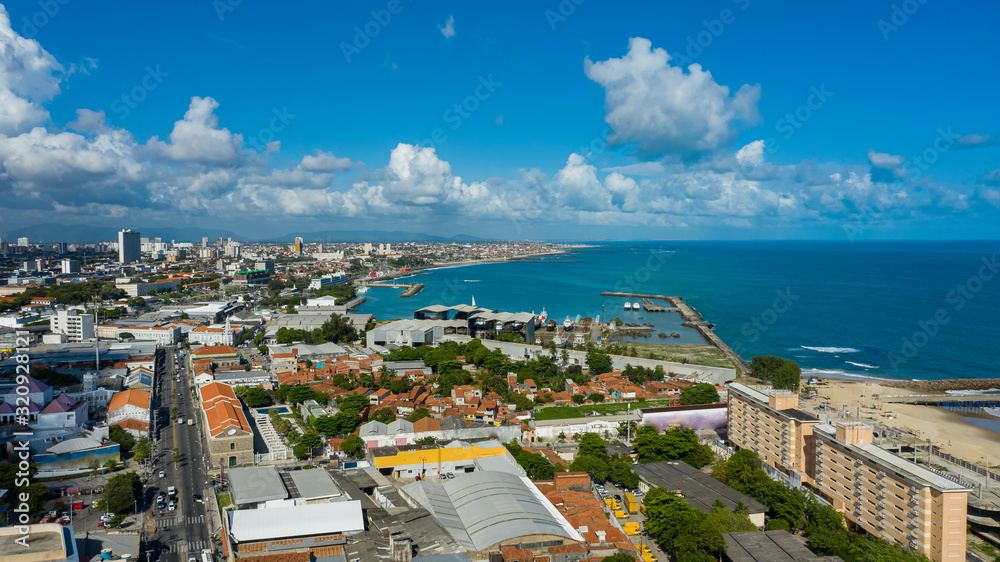 Aerial view and top view of buildings and city streets. Fortaleza city, Brazil. 