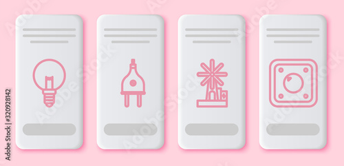 Set line Light bulb, Electric plug, Wind turbine and Electric light switch. White rectangle button. Vector