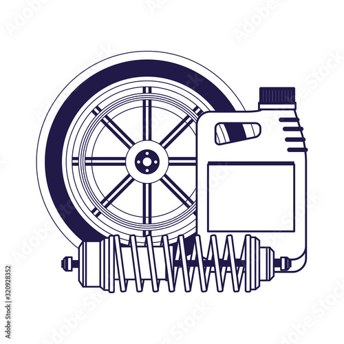 car tire with oil bottle and shock absorber, flat design