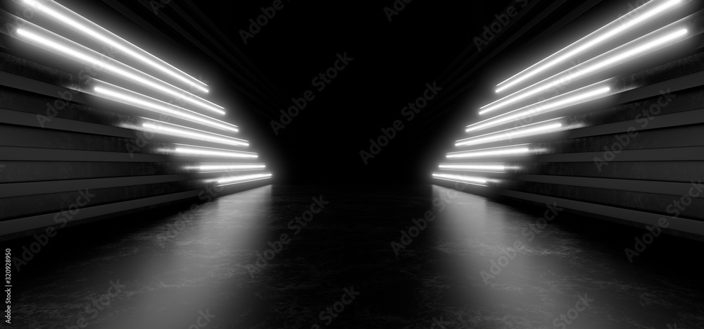 Beautiful composition of white neon lights on a black background. 3d rendering image.