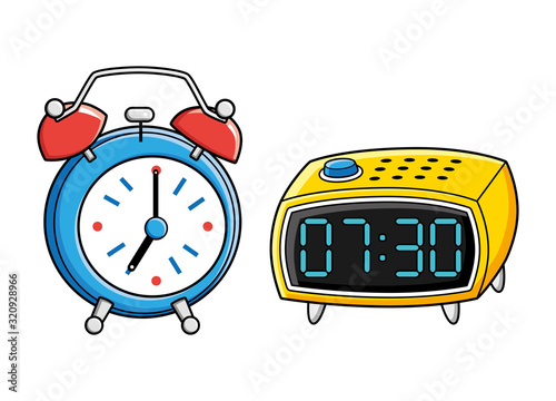 Retro and digital alarm clock isolated