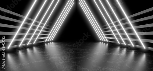 Beautiful composition of white neon lights on a black background. 3d rendering image.