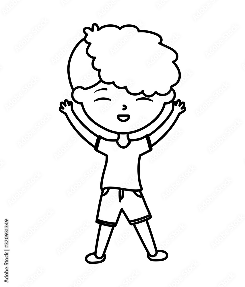 happy childrens day, cute boy hands up celebration cartoon character thick line