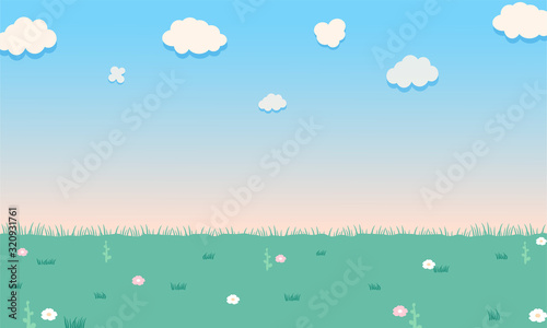 Nature green landsacpe. Flower and grass at blue sky.