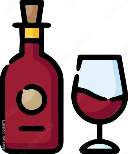 Wine Bottle And Glass Doodle Sketch Icon