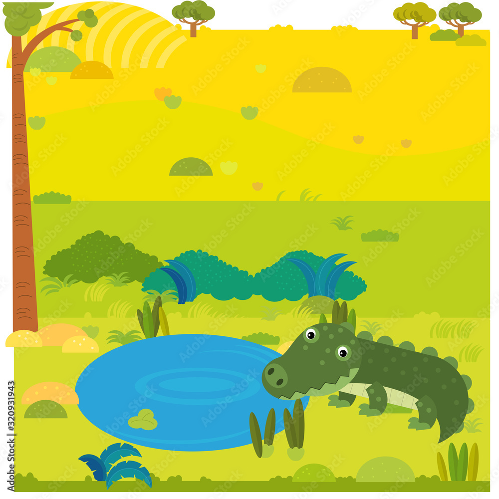 Obraz premium cartoon safari scene wild animal alligator crocodile on the meadow illustration