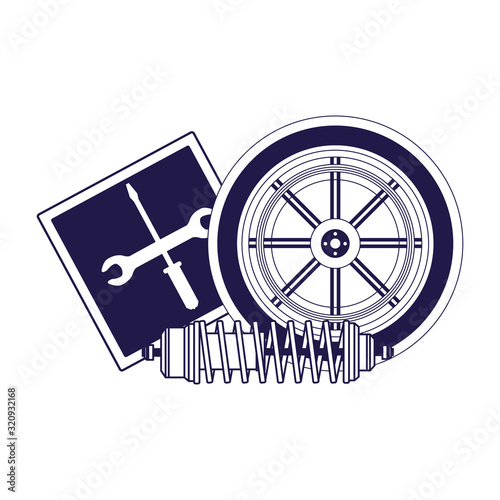 repair tools sign and car tire and shock absorber