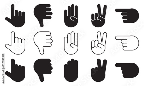 Different hands gestures of human, set of black and white icons, flat design, outline, silhouettes. Vector illustration