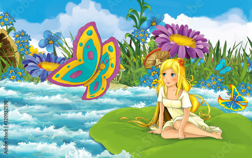 cartoon girl in the forest sailing in the river on the leaf with a butterfly illustration © honeyflavour