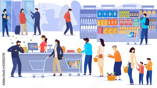 Coronavirus 2019-ncov epidemic china wuhan city epidemic disease vector illustration. Outbreak virus epidemic flu people in mask in city shop market moll. Panic on street. Airport door police.