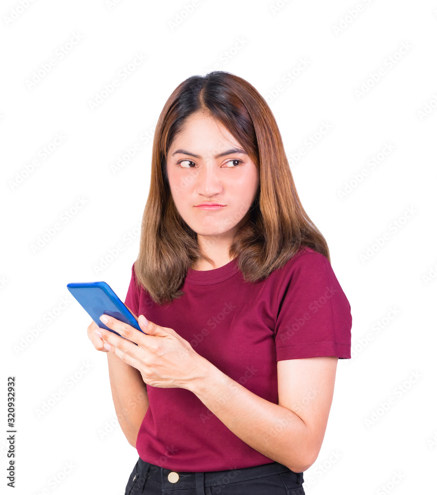 woman turn face frown use photo smartphone. closeup on white background woman turn face frown use photo smartphone. closeup on white background