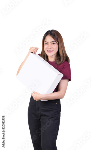 woman holding paper box. closeup on white background