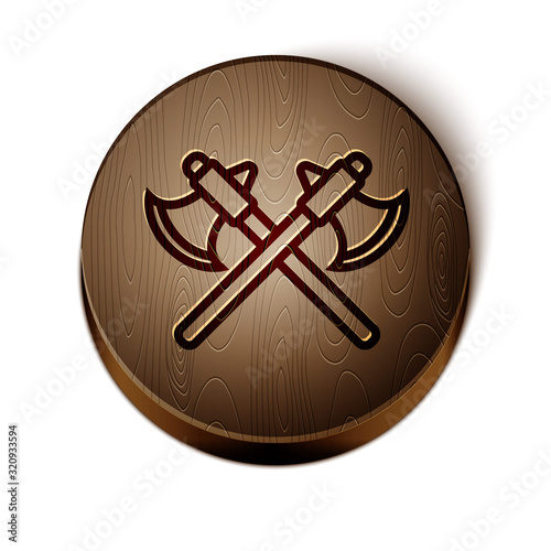 Brown line Crossed medieval axes icon isolated on white background. Battle axe, executioner axe. Wooden circle button. Vector Illustration