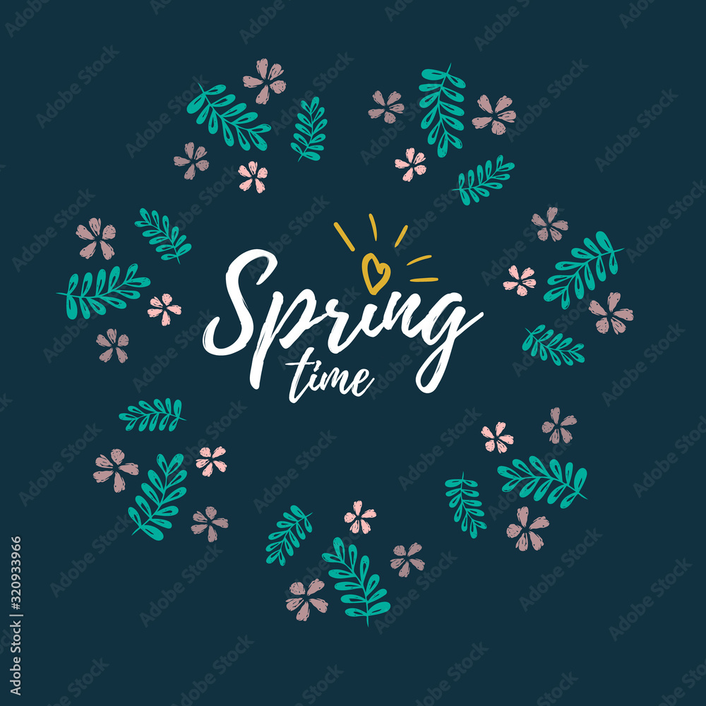 Spring card with the inscription spring time with flowers from the circle on blue background.