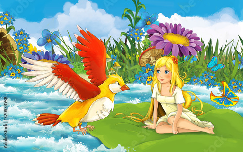 cartoon girl in the forest sailing in the river on the leaf with a wild bird illustration © honeyflavour