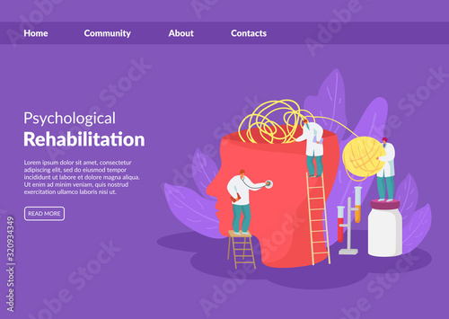 Psychological help, treatment, rehabilitation vector illustration website banner. Doctors psychotherapist team puzzle out problems tangle in patients huge head. Medicines, ball of thread. Healthcare.