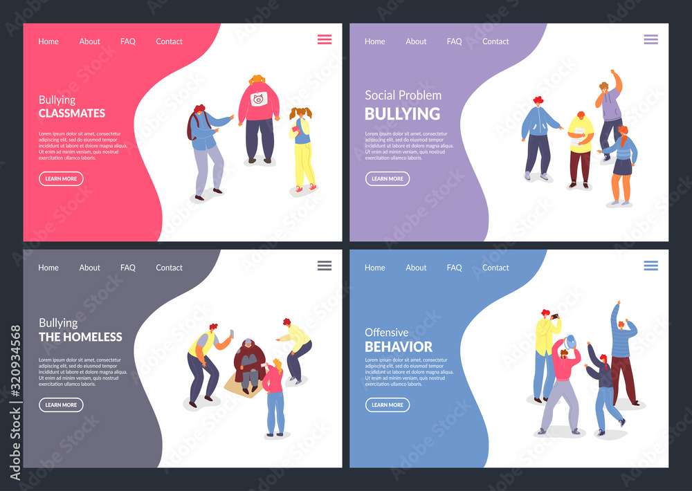 Social problem, Bullying vector illustration websites. Aggressors and victims of bullying internet pages people. Pupils, teenagers, students mock and tease different people classmates, homeless social