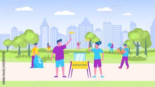 Donations collection vector illustration  different people donate things to charity. Men and women in city park carry to activists money  boxes with groceries  books  toys.