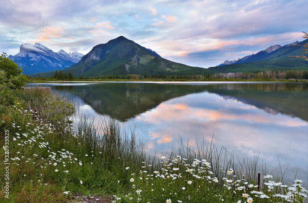 Beautiful sunrise over Vermillion Lake , Banff National Park, Alberta, Canada. Vermilion Lakes are a series of lakes located immediately west of Banff, Alberta
