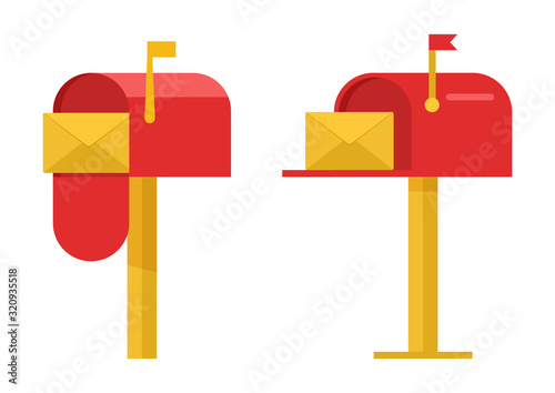 Red mailboxes with yellow envelope. Vector illustration
