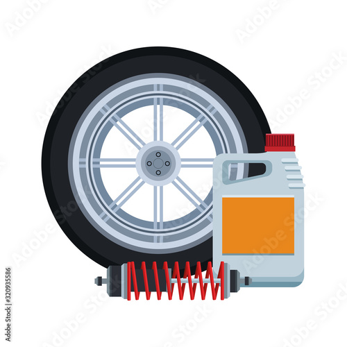 car tire with oil bottle and shock absorber, colorful design