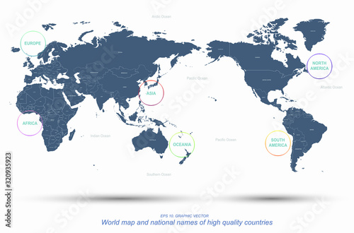 world map named vector. detailed continents world map 