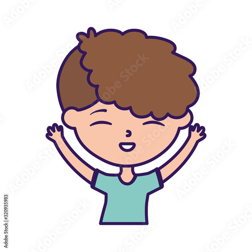 happy childrens day, cute boy with hands up celebrating cartoon