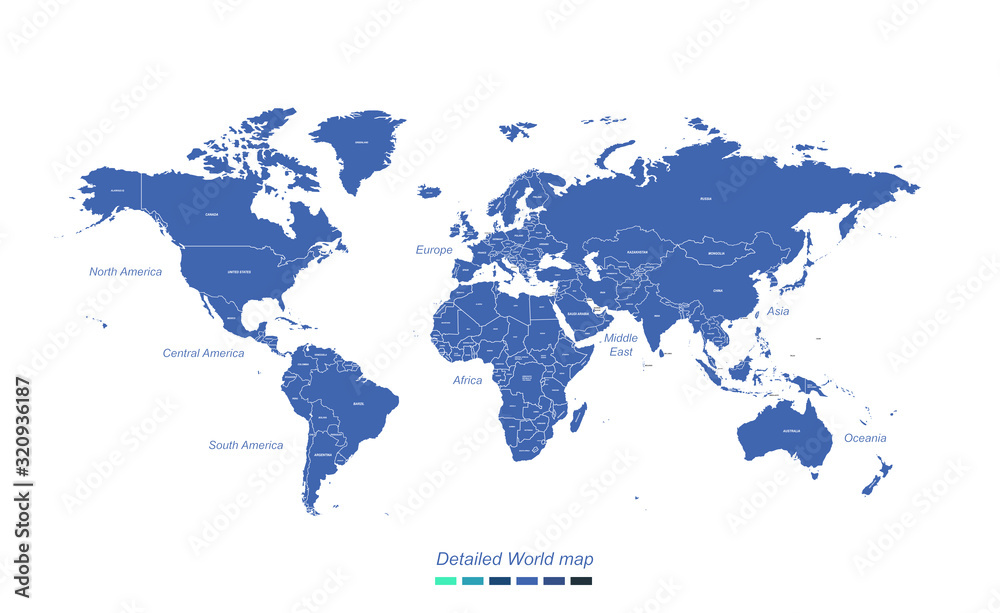 Naklejka Szczegółowa mapa świata z niebieskim