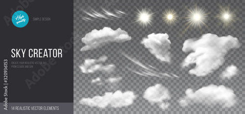 Sky creator. Realistic set of clouds and sun on transparent background. Vector design elements for creating sky cards, poster or banners.
