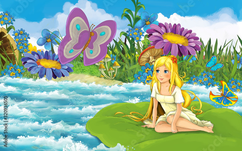 cartoon girl in the forest sailing in the river on the leaf with a beautiful butterfly illustration © honeyflavour