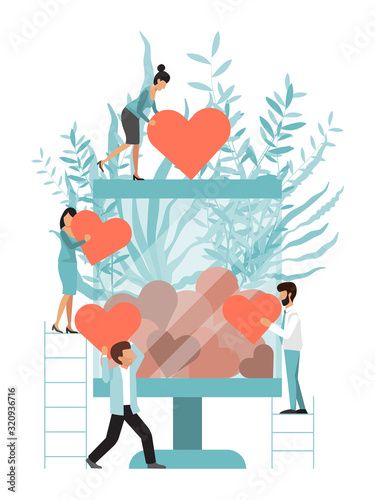Charity of glass jar with hearts. Queue to make donate. Donating and charity concept, tiny people with heart. Donatings and compassion vector illustration