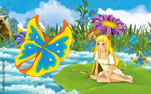 cartoon girl in the forest sailing in the river on the leaf with a beautiful butterfly illustration © honeyflavour