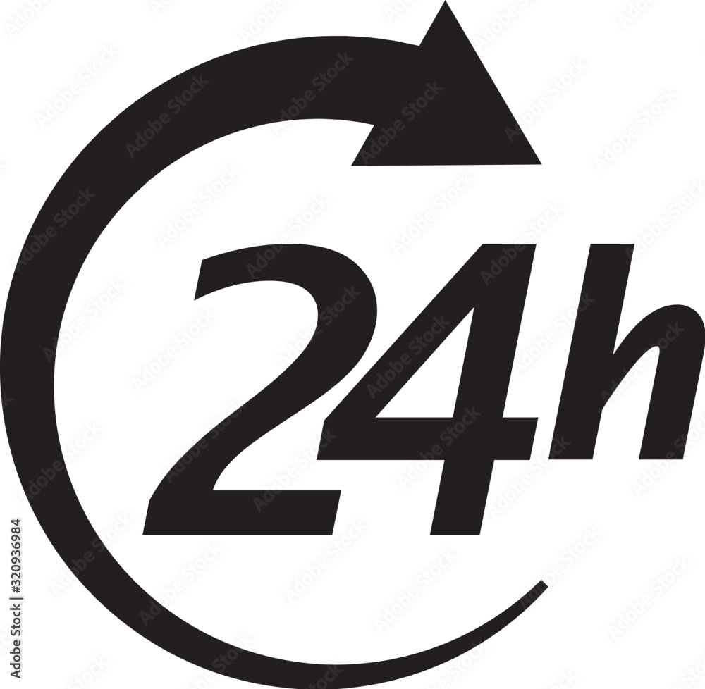 Service open 24h hours day. Black icon isolated on white background. Vector illustration Service open 24h hours day. Black icon isolated on white background. Vector illustration