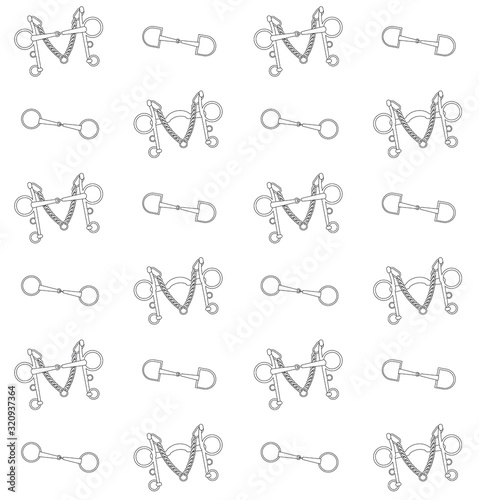 Vector equestrian seamless pattern of flat cartoon different horse bits isolated on white background