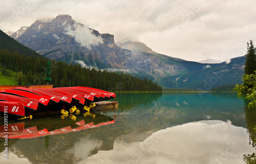 Overview of Emerald Lake on a cloudy day, Yoho National Park, British Columbia, 