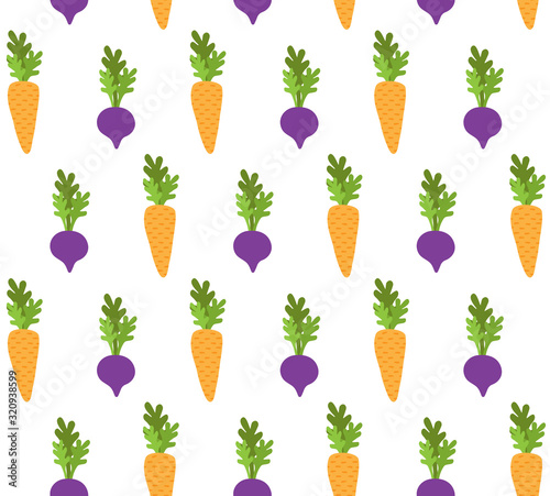 Vector seamless pattern of hand drawn doodle cartoon beet root and carrot isolated on white background