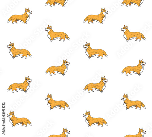 Vector seamless pattern of colored hand drawn doodle sketch corgi dog isolated on white background
