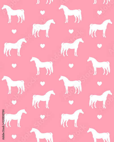 Vector equestrian seamless pattern of white horse silhouette and hearts isolated on pink background