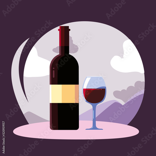 Wine bottle and cup in front of landscape vector design