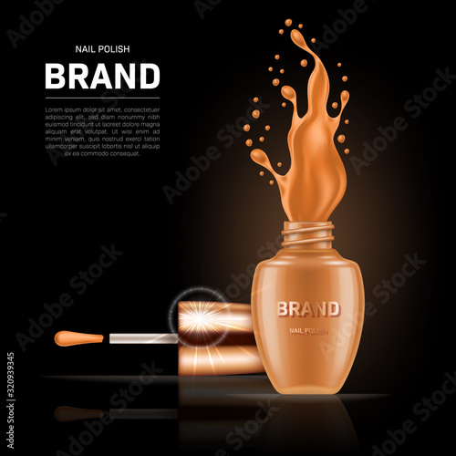 Realistic open nail polish bottle with splash and golden lid on black background. Cosmetic brand advertising concept design