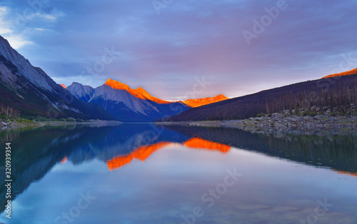 Beautiful sunset over Medicine Lake  Jasper National Park  Alberta  Canada