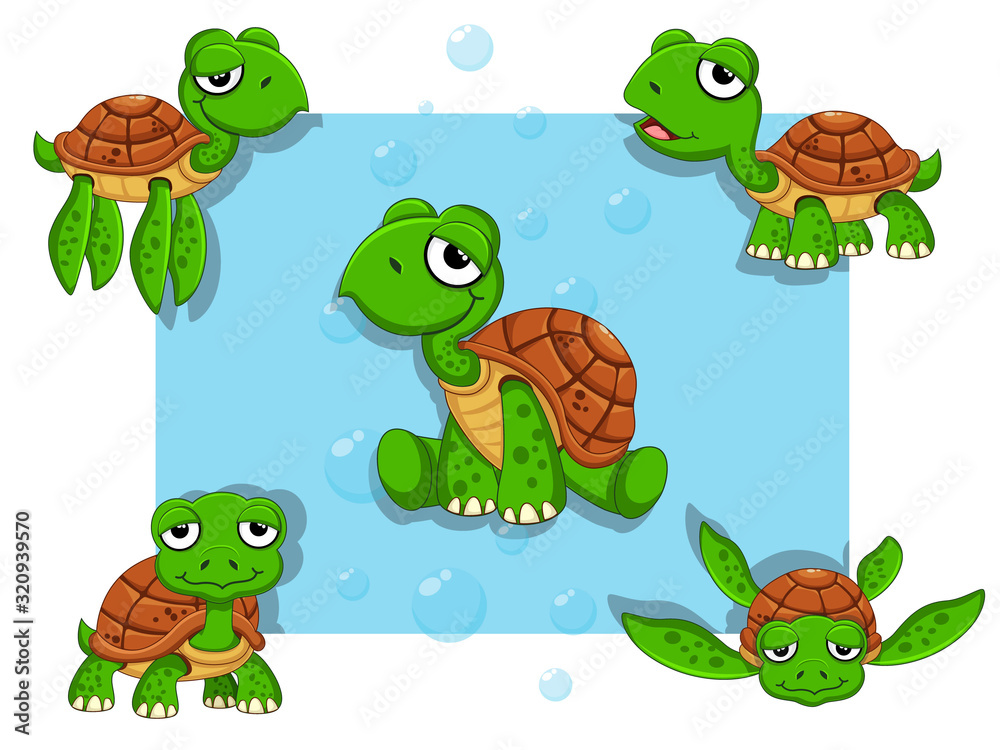 Obraz premium Cute Turtles Cartoon Characters Set. Vector illustration With Cartoon Happy Animal