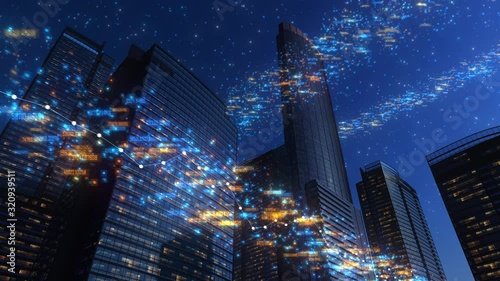 Modern City Buildings With High Tech Data Elements (Night Version) 4K