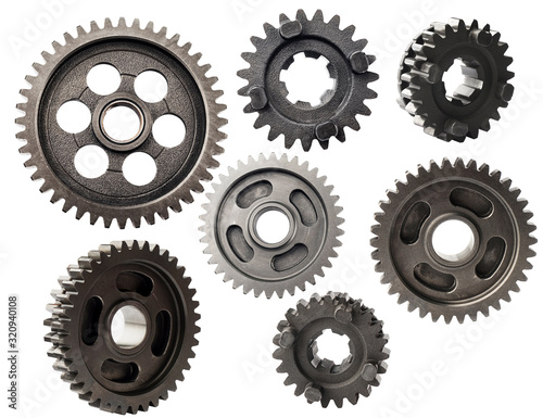 Metal gear wheel or pinion part , Motorcycle Gear driven gear reduction ratio isolated on white background.